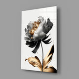 Single peony black-and-gold glass wall art in fashion-atelier entry