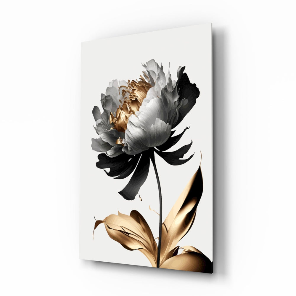 Black gold peony botanical cinematic glass wall art in glamorous bedroom