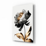 Black gold peony botanical cinematic glass wall art in glamorous bedroom
