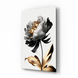 Black gold peony botanical cinematic glass wall art in glamorous bedroom