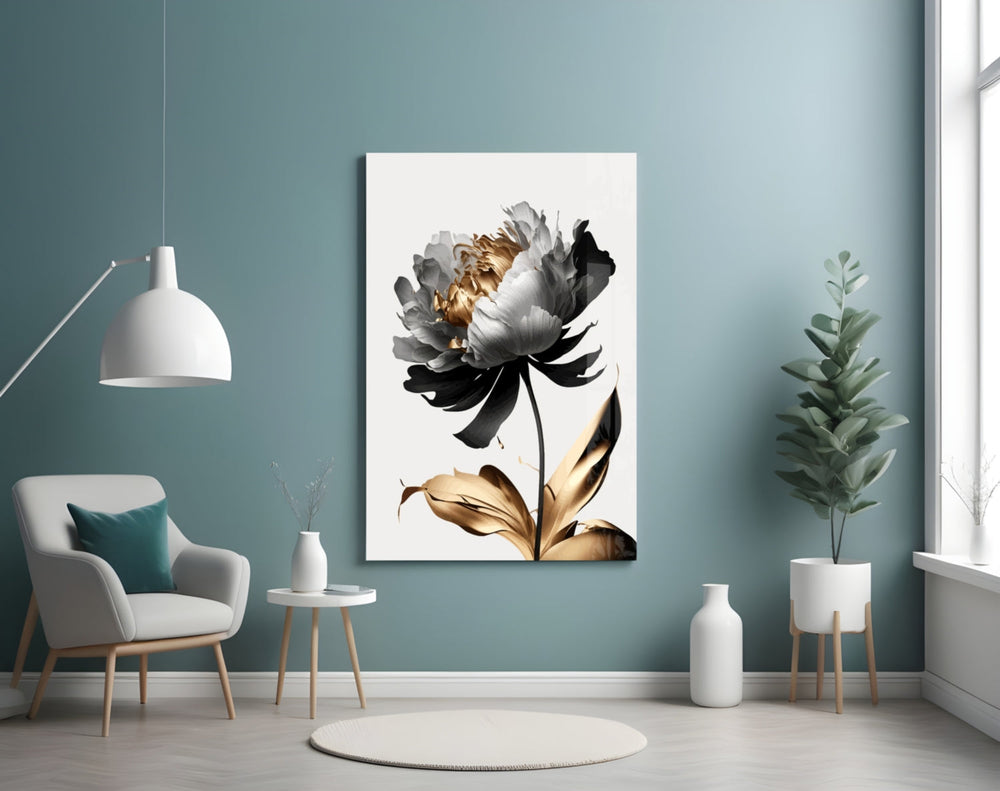 Ivory-and-gold peony cinematic glass wall art in boutique-hotel suite