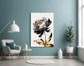Ivory-and-gold peony cinematic glass wall art in boutique-hotel suite