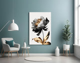 Ivory-and-gold peony cinematic glass wall art in boutique-hotel suite