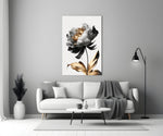 Black-petal peony cinematic glass wall art beside master-bedroom dressing table