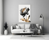 Black-petal peony cinematic glass wall art beside master-bedroom dressing table