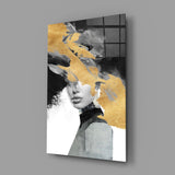 Saffron-and-onyx muse cinematic glass wall art in fashion-atelier entry