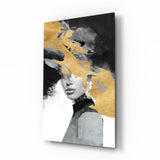 Gold charcoal abstract portrait cinematic glass wall art in glamorous bedroom