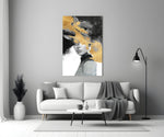 Couture brushstroke portrait cinematic glass wall art beside master-bedroom dressing table