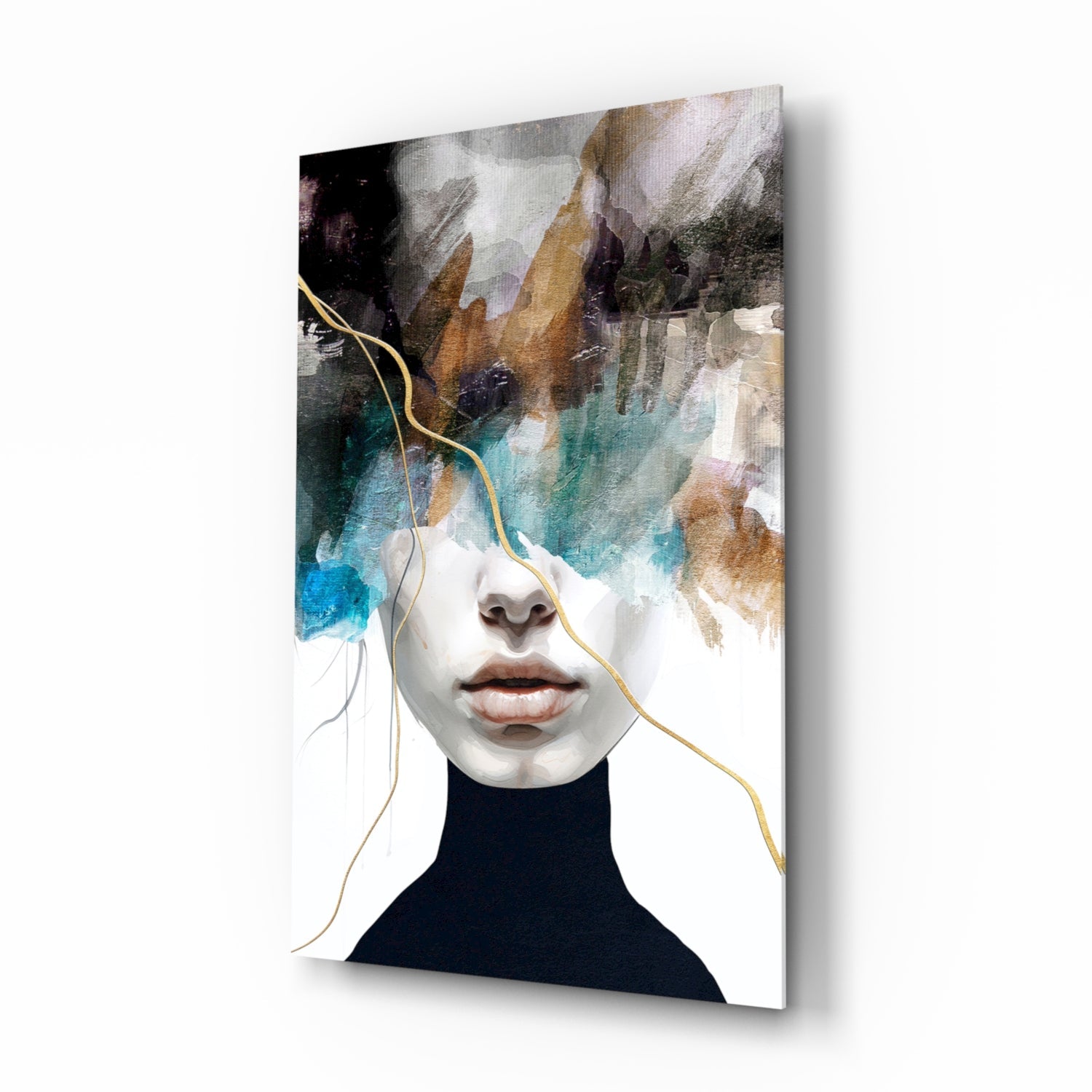 Teal copper abstract portrait cinematic glass wall art in glamorous bedroom
