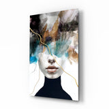 Teal copper abstract portrait cinematic glass wall art in glamorous bedroom