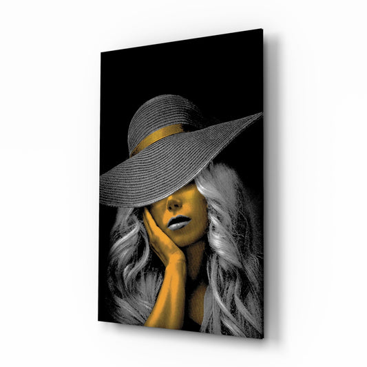 Sun hat selective-gold portrait cinematic glass wall art in glamorous bedroom