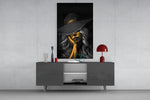Wide-brim hat editorial cinematic glass wall art in glamorous walk-in closet