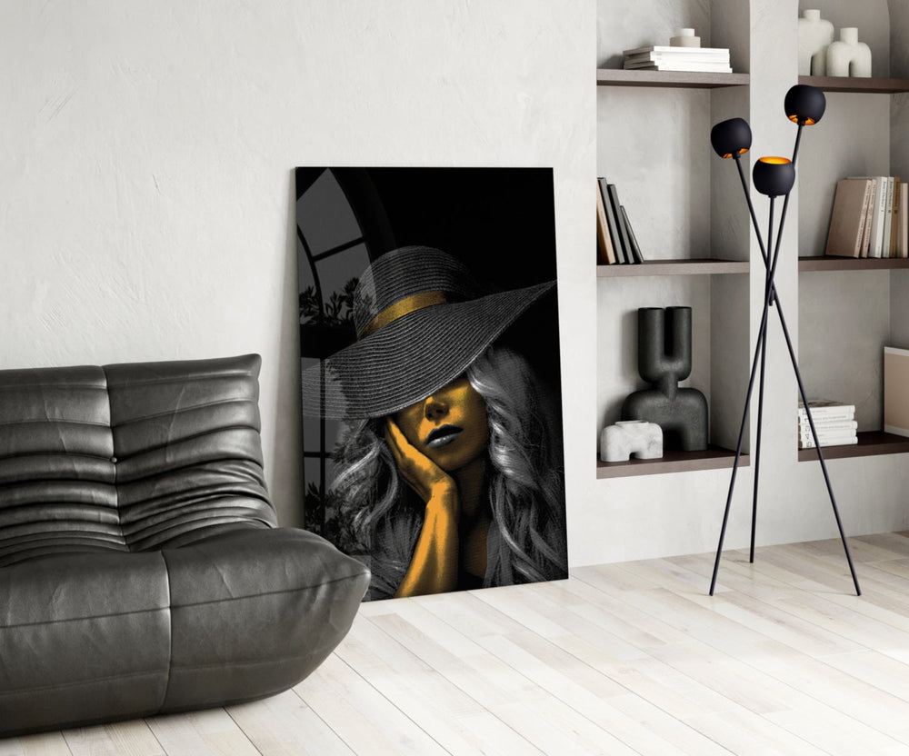 Magazine-style sun-hat portrait cinematic glass wall art in heritage stairwell