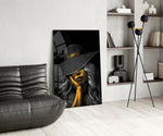 Magazine-style sun-hat portrait cinematic glass wall art in heritage stairwell