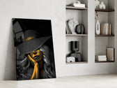 Selective-gold woman cinematic glass wall art in fashion-house dressing room