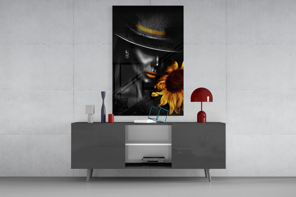Wide-brim hat sunflower cinematic glass wall art in glamorous walk-in closet