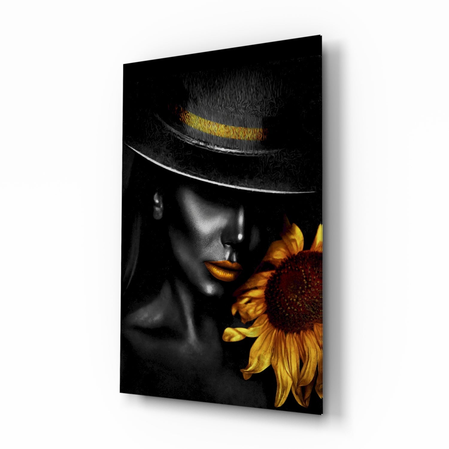 Sunflower lady selective-gold cinematic glass wall art in glamorous bedroom