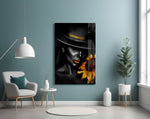 Gold-accent sunflower portrait cinematic glass wall art over walnut console