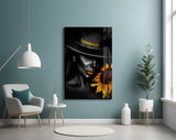 Gold-accent sunflower portrait cinematic glass wall art over walnut console