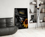 Magazine-style sunflower portrait cinematic glass wall art in heritage stairwell