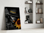 Selective-gold woman cinematic glass wall art in fashion-house dressing room