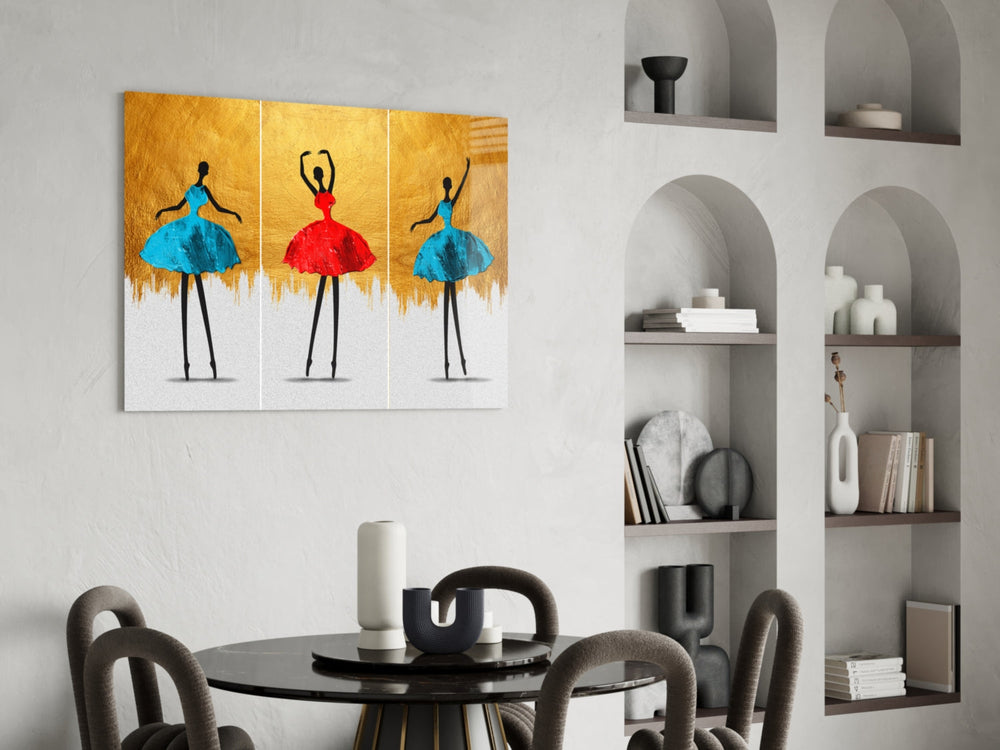 Gold-leaf ballet cinematic glass wall art in designer dressing room