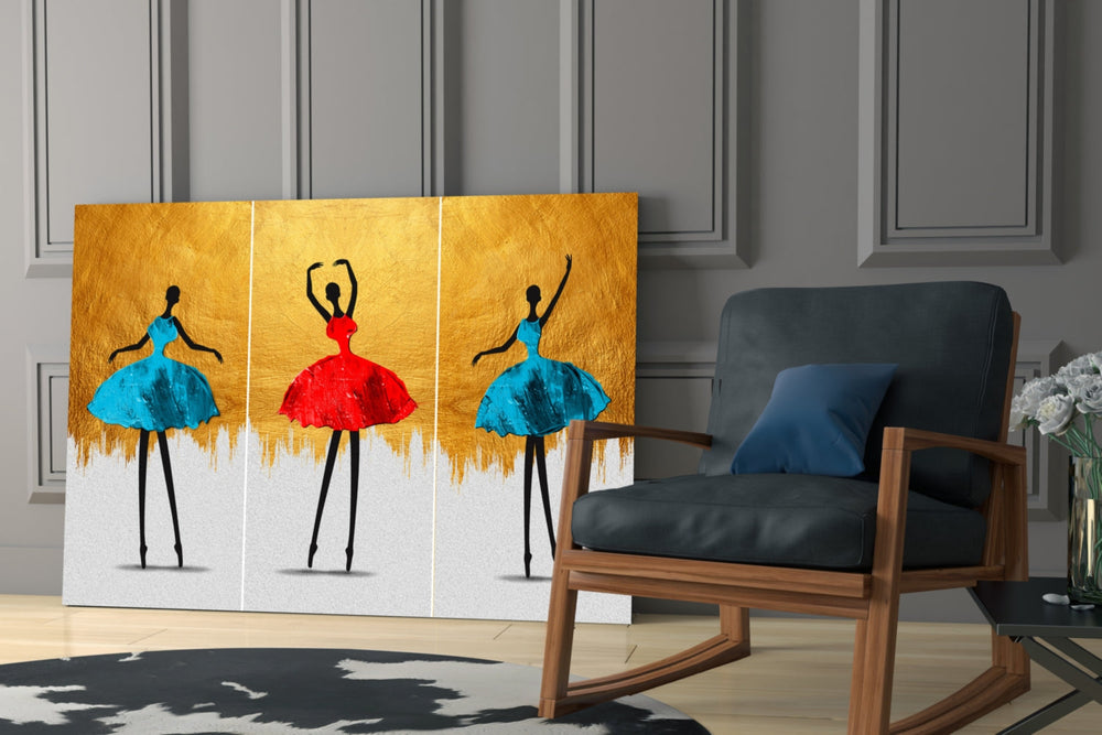 Painterly dancers cinematic glass wall art over modern hall console