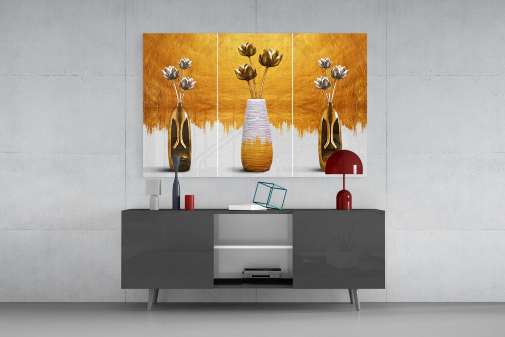Designer-boutique vase cinematic glass wall art in fashion-atelier reception