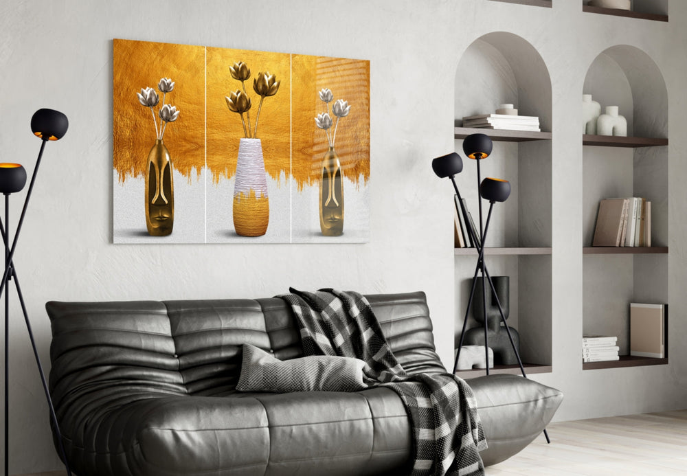 Painterly gold-vase still-life glass wall art in designer entryway