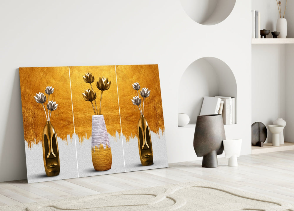 Mask-vase tulips cinematic glass wall art over master-bedroom headboard