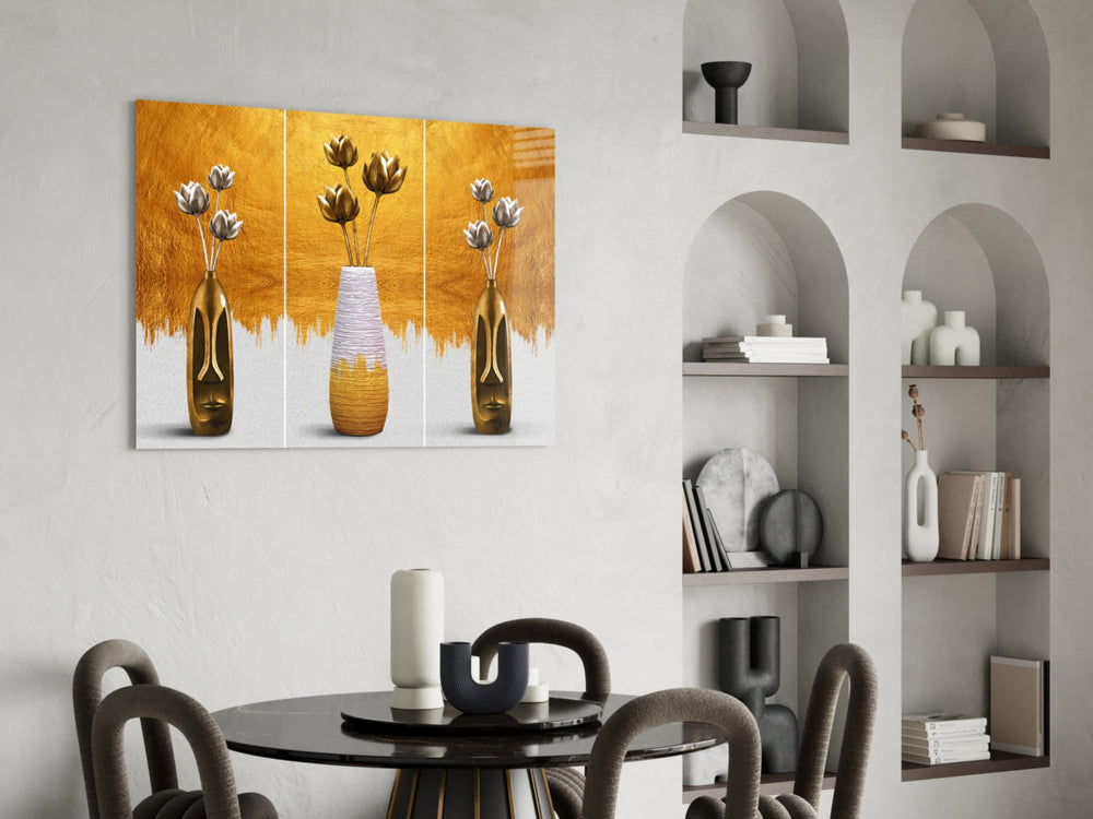 Gold-leaf vases cinematic glass wall art in luxury powder-room