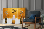 Couture still-life cinematic glass wall art over modern bar cabinet