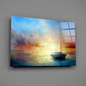 Marine oil-painting sailboat glass wall art over walnut console in maritime study