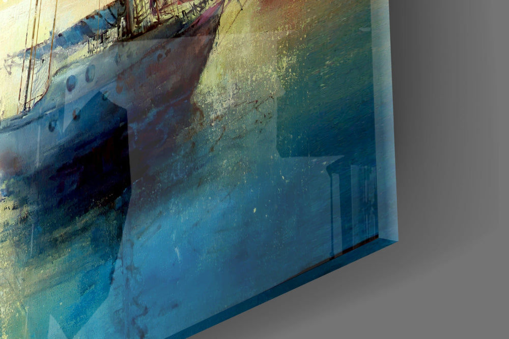 Tangerine-sunset sailboat cinematic glass wall art in designer office