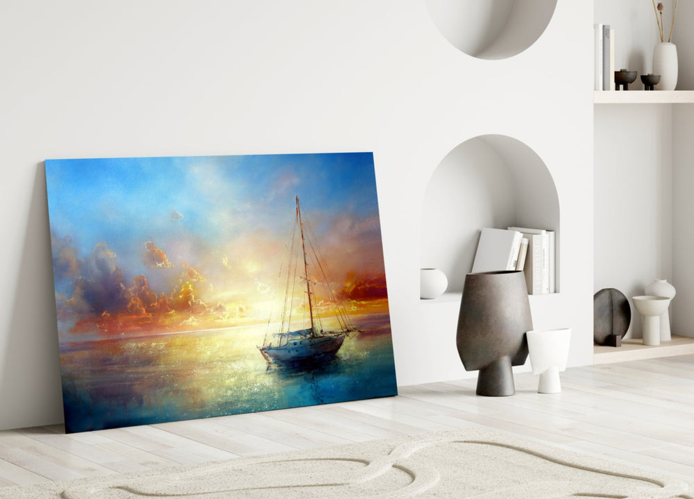 Calm-water sailboat cinematic glass wall art over master-bedroom headboard