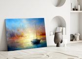 Calm-water sailboat cinematic glass wall art over master-bedroom headboard