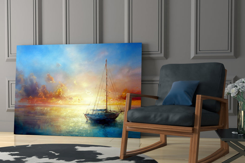 Marine sailboat cinematic glass wall art over modern dining sideboard