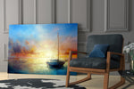 Marine sailboat cinematic glass wall art over modern dining sideboard