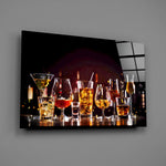 Whiskey-and-cocktail bar still-life glass wall art in man-cave lounge