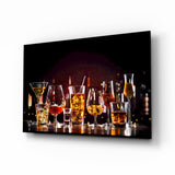 Cocktail glasses lineup cinematic glass wall art above home bar back-counter