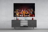 Whiskey lineup cinematic glass wall art in tasting-room interior