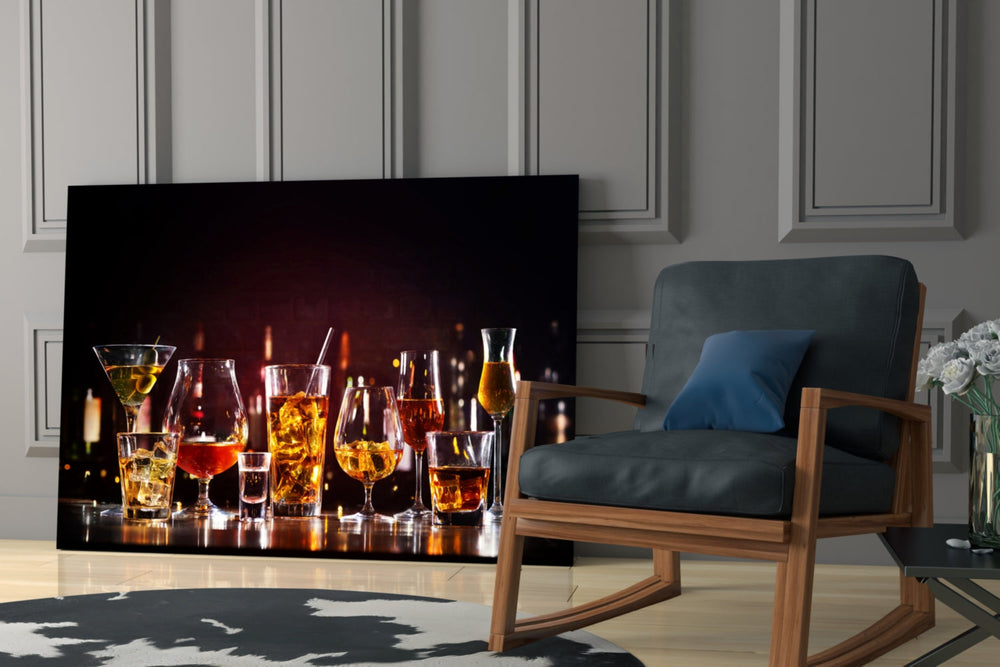 Cocktail magazine-style cinematic glass wall art over modern dining sideboard