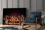 Cocktail magazine-style cinematic glass wall art over modern dining sideboard