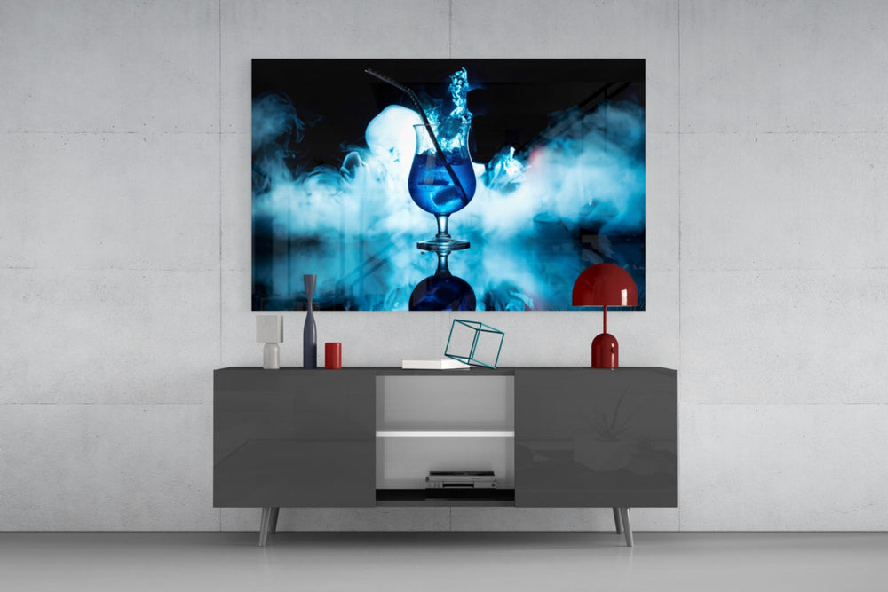 Smoke-and-cobalt cocktail glass wall art in tasting-room interior