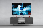 Smoke-and-cobalt cocktail glass wall art in tasting-room interior
