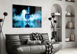 Cobalt cocktail splash cinematic glass wall art in hospitality bar
