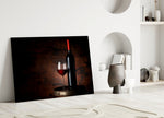 Burgundy wine cinematic glass wall art over modern bar cabinet