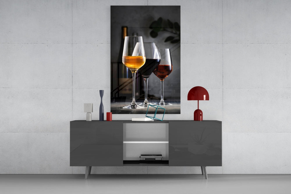 Vertical wine still-life cinematic glass wall art in sommelier's office