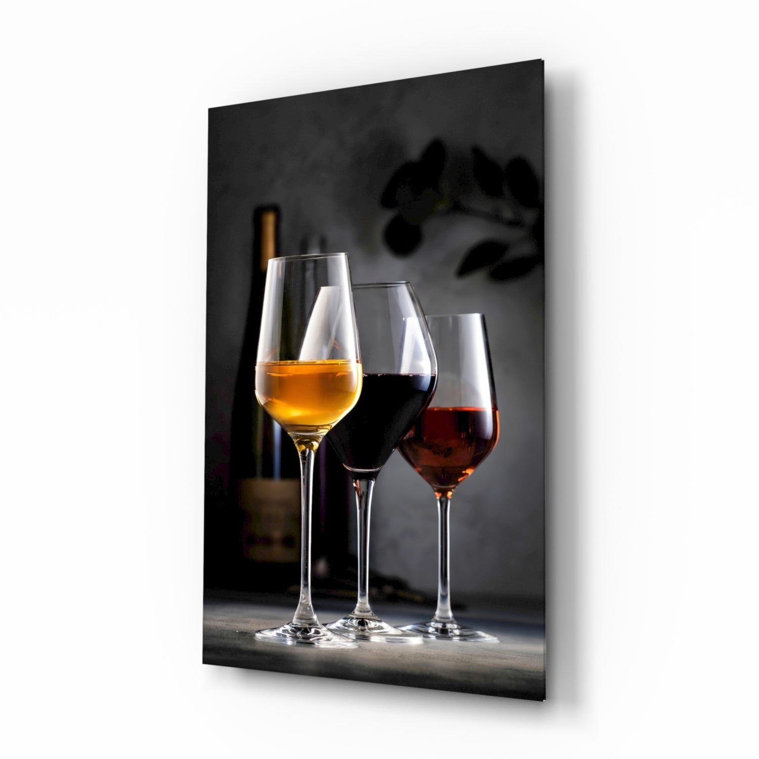 Wine glasses flight vertical cinematic glass wall art above tasting-room counter