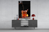 Whiskey magazine-style cinematic glass wall art in tasting-room interior